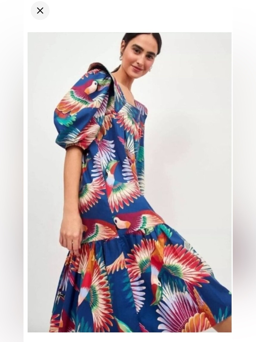 Farm Rio Blue Toucan Printed Cotton Midi Dress Size S Tiered Peasant Tropical
